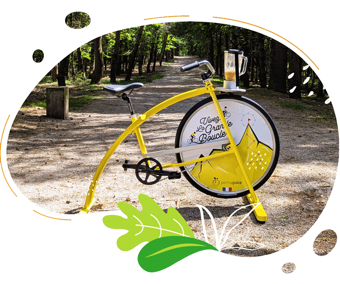 Vélo smoothie jaune avec roue personnalisée thème Tour de France lors d’une animation événementielle