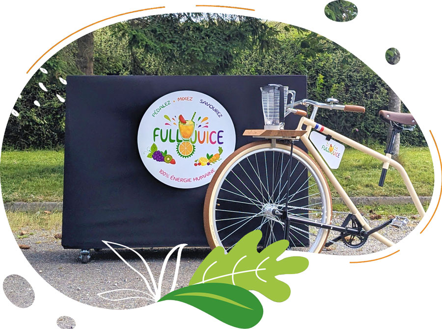 Comptoir smoothie et Vélo Blender Vintage personnalisés aux couleurs de Full Juice