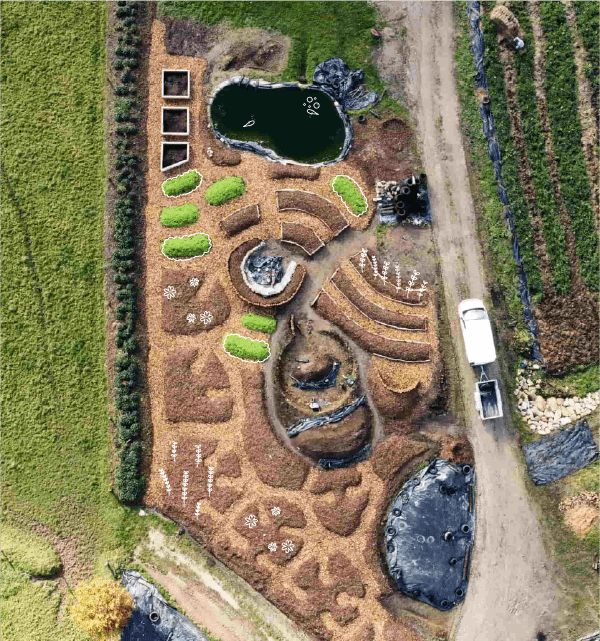 Vue aérienne de la micro ferme en permaculture de Permajuice