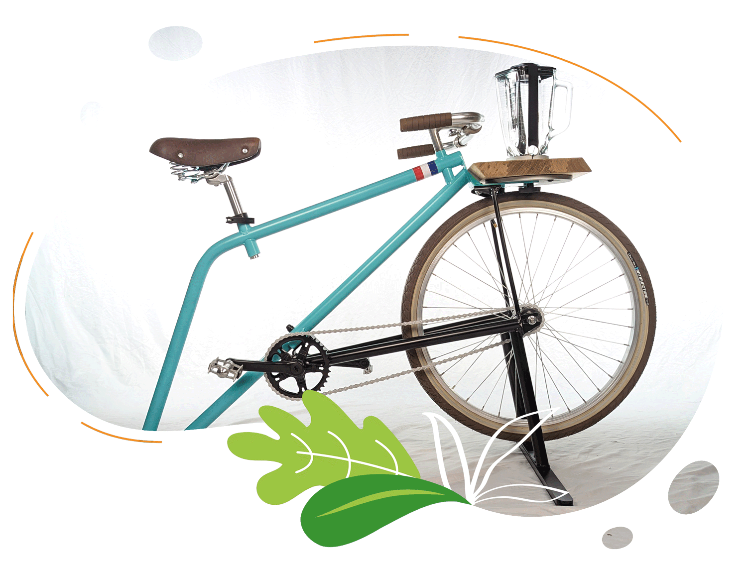 Vélo smoothie Vintage Mini au design rétro avec cadre métallique bleu et support blender en bois